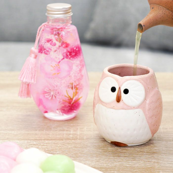 桜ハーバリウム&名入れふくろう湯呑セット 雑貨