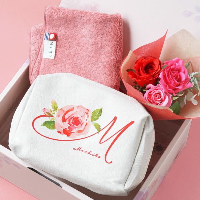 名入れOK！イニシャルポーチ花づくしギフトセット 雑貨 アーティフィシャルフラワー